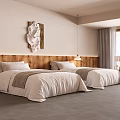 Hotel Guest Room With Two Beds Wooden Headboard Decorative Painting Pendant Light And Gray Curtains