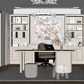 Modern Study Room Interior Design With Built in Bookshelves Wooden Desk Artwork And Chandelier