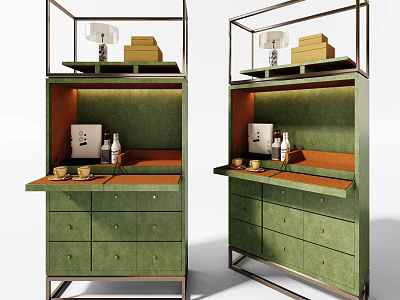 Stylish Green Sideboard with Drawers and Shelves Featuring Decorative Lamps Books Cups and Bottles 3d model