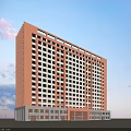 Modern Multi Story School Building With Orange Exterior Numerous Windows Gray Base And Blue Sky