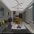 Modern Dining and Living Room Interior With Dining Table Chairs Hanging Lights Wall Art Sofa