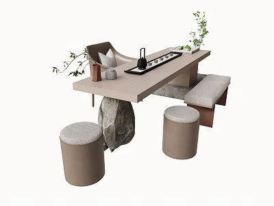 Modern Tea Table Set With Stone Legs Round Stools Long Cushion And Decorative Plants 3d model