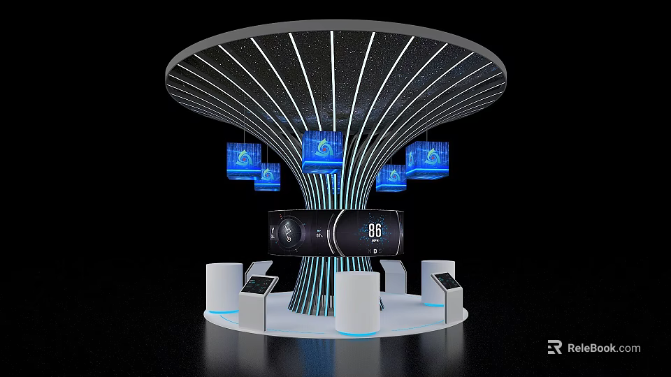 Exhibition Island Featuring Fan Shaped Top White Lines Black Background Blue Screens And White Platforms 3d model 