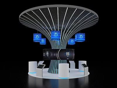 Exhibition Island Featuring Fan Shaped Top White Lines Black Background Blue Screens And White Platforms 3d model