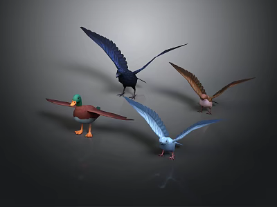 Four Various Colored Birds with Spread Wings in 3D Rendered Scene 3d model