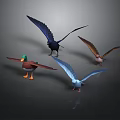 Four Various Colored Birds with Spread Wings in 3D Rendered Scene