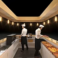Modern Bar Counter With Chefs Preparing Food And Pendant Lights Design