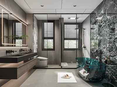 Modern Luxury Bathroom Interior Design With Glass Shower Teal Bathtub And Vanity Mirror 3d model