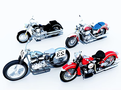 Four Vintage Classic Motorcycles Featuring Colorful Bodies And Retro Design Details 3d model