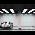 Modern Garage Interior With Geometric Ceiling Lights Metal Gate Partitions And Sports Cars