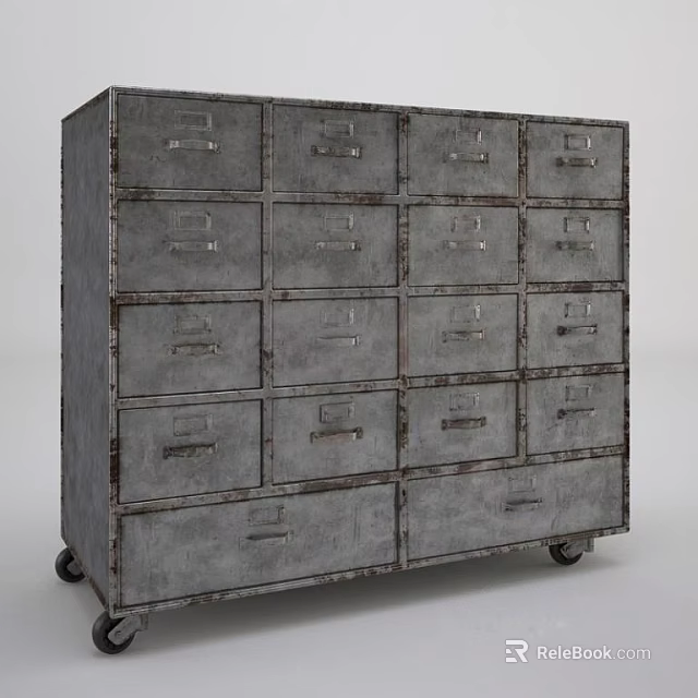 Vintage Industrial Entryway Side Cabinet With Multiple Drawers Distressed Gray Finish And Wheels 3d model 