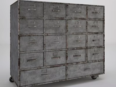 Vintage Industrial Entryway Side Cabinet With Multiple Drawers Distressed Gray Finish And Wheels 3d model