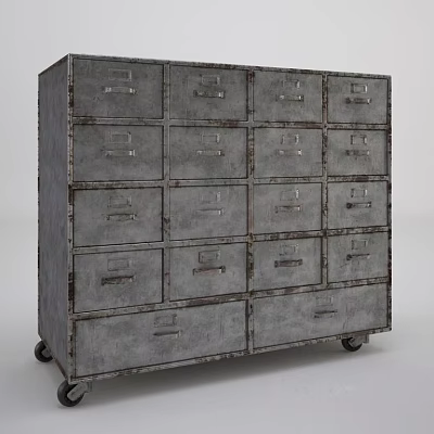 Vintage Industrial Entryway Side Cabinet With Multiple Drawers Distressed Gray Finish And Wheels 3d model