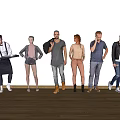 Six People Standing in a Line Against White Wall and Wooden Floor With Diverse Outfits