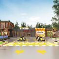 Fun Kids Go Kart Track With Checkerboard Fence And Tire Barriers On Grass Lawn