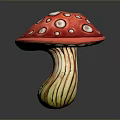 Colorful Decorative Mushroom with Red Cap White Spots and Yellow Spiral Stem on Gray Background