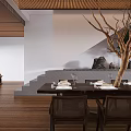 Natural Wooden Restaurant Interior With Long Dining Table Chairs White Pendant Lights And Green Plants