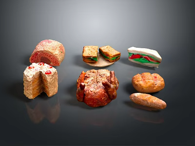 Assorted Delicious Food Items Featuring Cake Sliced Bread Sandwiches Roast Chicken And Small Buns 3d model