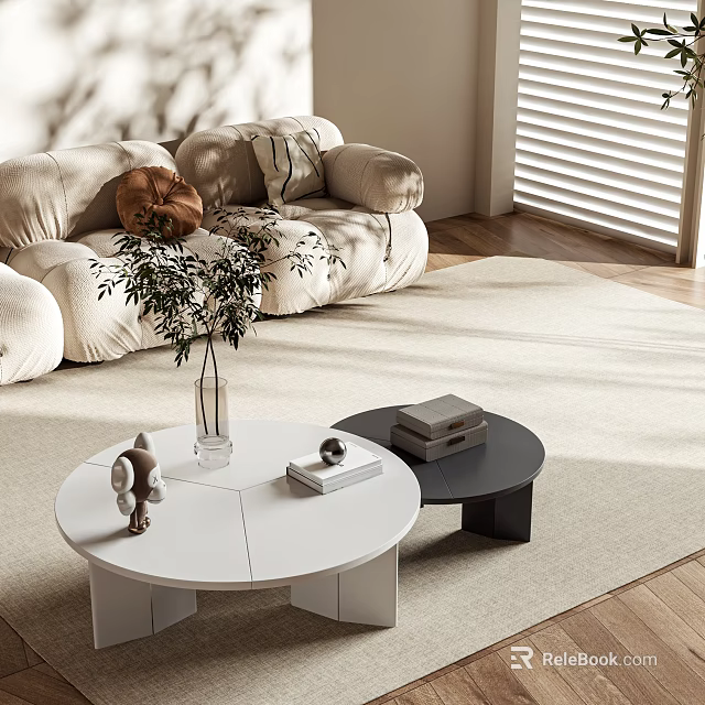 Modern Minimalist Living Room With White And Black Coffee Tables Vase Books And Decorative Items 3d model 