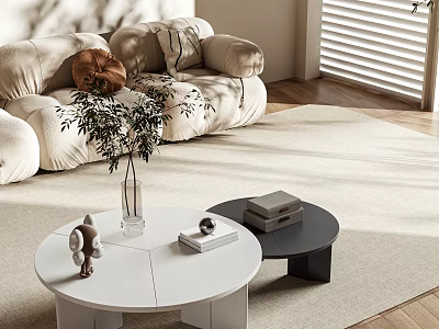 Modern Minimalist Living Room With White And Black Coffee Tables Vase Books And Decorative Items 3d model