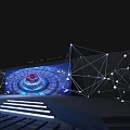 Modern Tech Inspired Ballroom with Geometric Lines Blue Red Circular Installation and Illuminated Steps