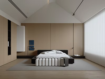Modern Minimalist Bedroom Interior With Wooden Walls Large Window And Gray Rug 3d model