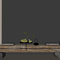 Zen Style Wooden Bench With Gray Cushions Green Plants And Stone Supports