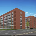 Red Brick School Building With White Accents Multiple Floors Lawn And Clear Sky