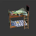 Wooden Bunk Bed Design With Ladder Upper Lower Mattress And Checkered Bedding 3d model