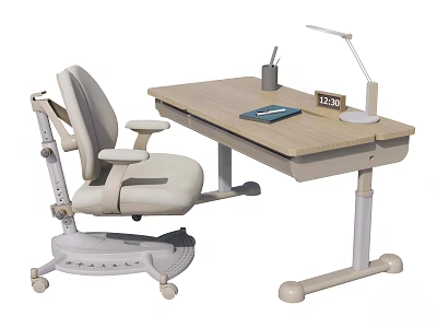 Adjustable Wooden Children's Desk With Ergonomic Chair Desk Lamp Pen Holder Book And Clock 3d model