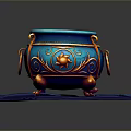 Ornate Blue Decorative Pot With Golden Accents And Legs On Stone Slab Base