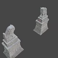 Mythical Stone Lion Statues As Game And Movie Characters With Ancient Pedestal And Red Symbol