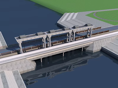 Sluice Gate Water Control Structure By River With Green Lawn And Reflection Design 3d model