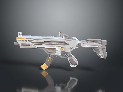Futuristic Gun With Silver Gray Body And Yellow Accents And Mechanical Design Elements 3d model