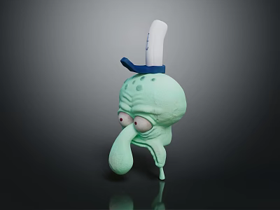 Green Animated Octopus Character In Blue White Chef Hat With Big Nose And Eyes 3d model