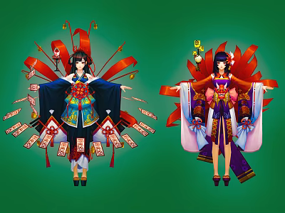 Two Traditional Costume Characters with Red Ribbons Flags and Sacred Tools in Green Background 3d model