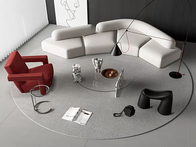 Curved White Sofa and Round Glass Coffee Table Set in Modern Interior With Red Armchair 3d model
