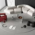 Curved White Sofa and Round Glass Coffee Table Set in Modern Interior With Red Armchair