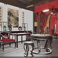 Traditional Chinese Room Interior With Red Curtains Calligraphy Paintings And Wooden Furniture