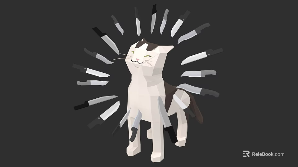 White Cat Surrounded by Many Sharp Knives in Circular Pattern 3d model 