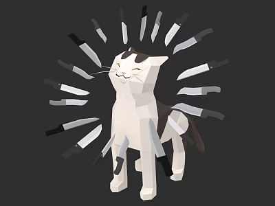 White Cat Surrounded by Many Sharp Knives in Circular Pattern 3d model
