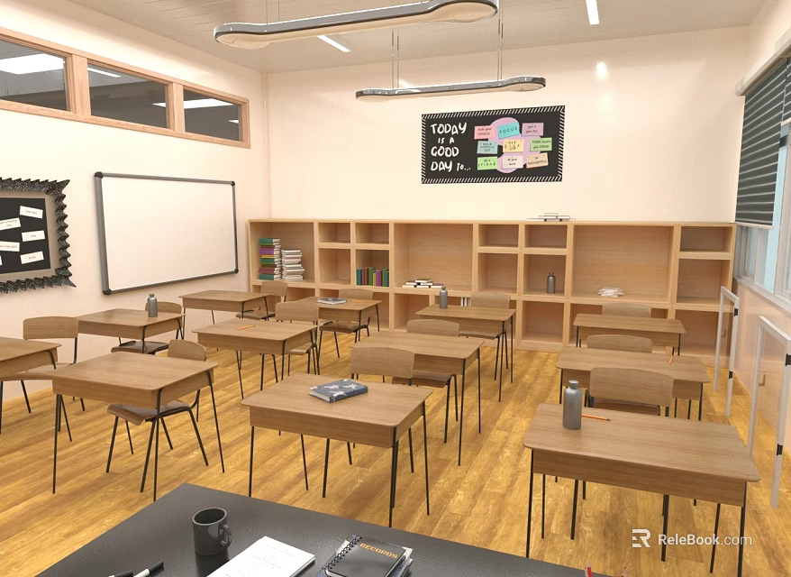 Spacious School Classroom Interior With Desks Chairs Bookshelves Whiteboard And Windows 3d model 