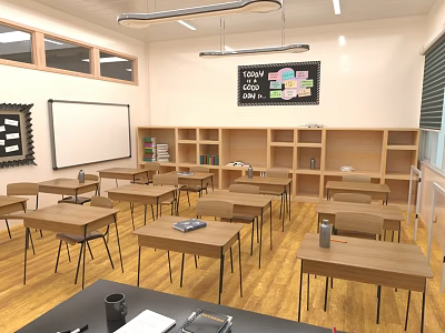 Spacious School Classroom Interior With Desks Chairs Bookshelves Whiteboard And Windows 3d model