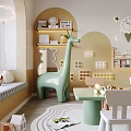 Vibrant Kids Room Interior Design With Giraffe Toy Colorful Chairs Table Cloud Decorations And Bookshelves
