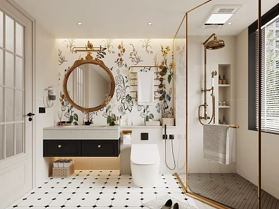 Bathroom Interior Design With Floral Wallpaper Round Mirror Black Vanity Glass Shower And Gold Accents 3d model