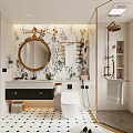 Bathroom Interior Design With Floral Wallpaper Round Mirror Black Vanity Glass Shower And Gold Accents