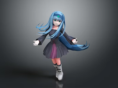 Anime Style Game and Movie Character with Blue Flowing Hair Dark Dress and White Shoes 3d model
