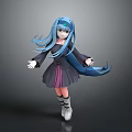 Anime Style Game and Movie Character with Blue Flowing Hair Dark Dress and White Shoes