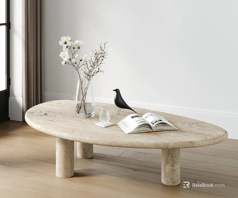 Oval Marble Coffee Table Featuring Vase White Flowers Twigs Black Bird Open Book Glass Cups 3d model 