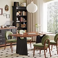 Retro Wood Dining Table Set With Soft Green Upholstered Chairs For Cozy Home Dining Space